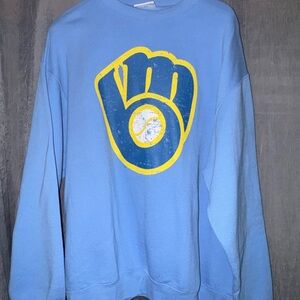 Champion Light Blue Crewneck with Yellow & Navy Graphic
